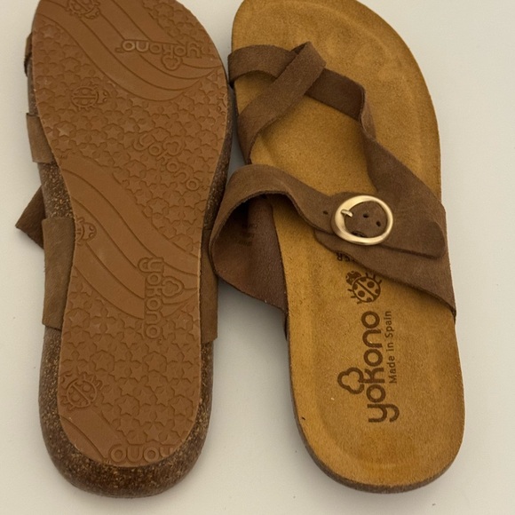 Yokono Brown Tan Suede Ibiza Slip On Toe Ring Buckle Cork Sole Sandals - Picture 3 of 5